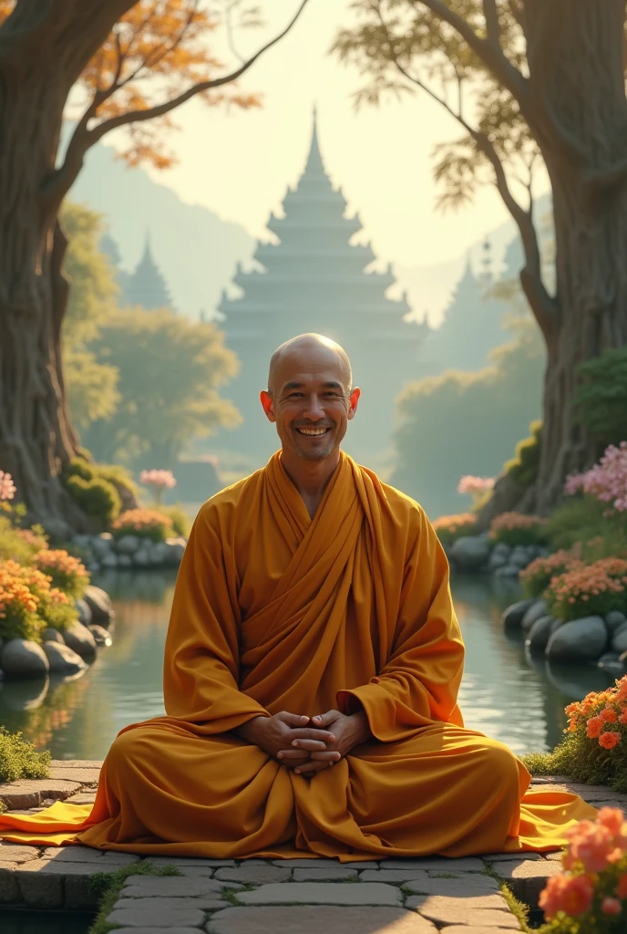 Once upon a time, Buddhist meditation under the sun light with very veneration face.