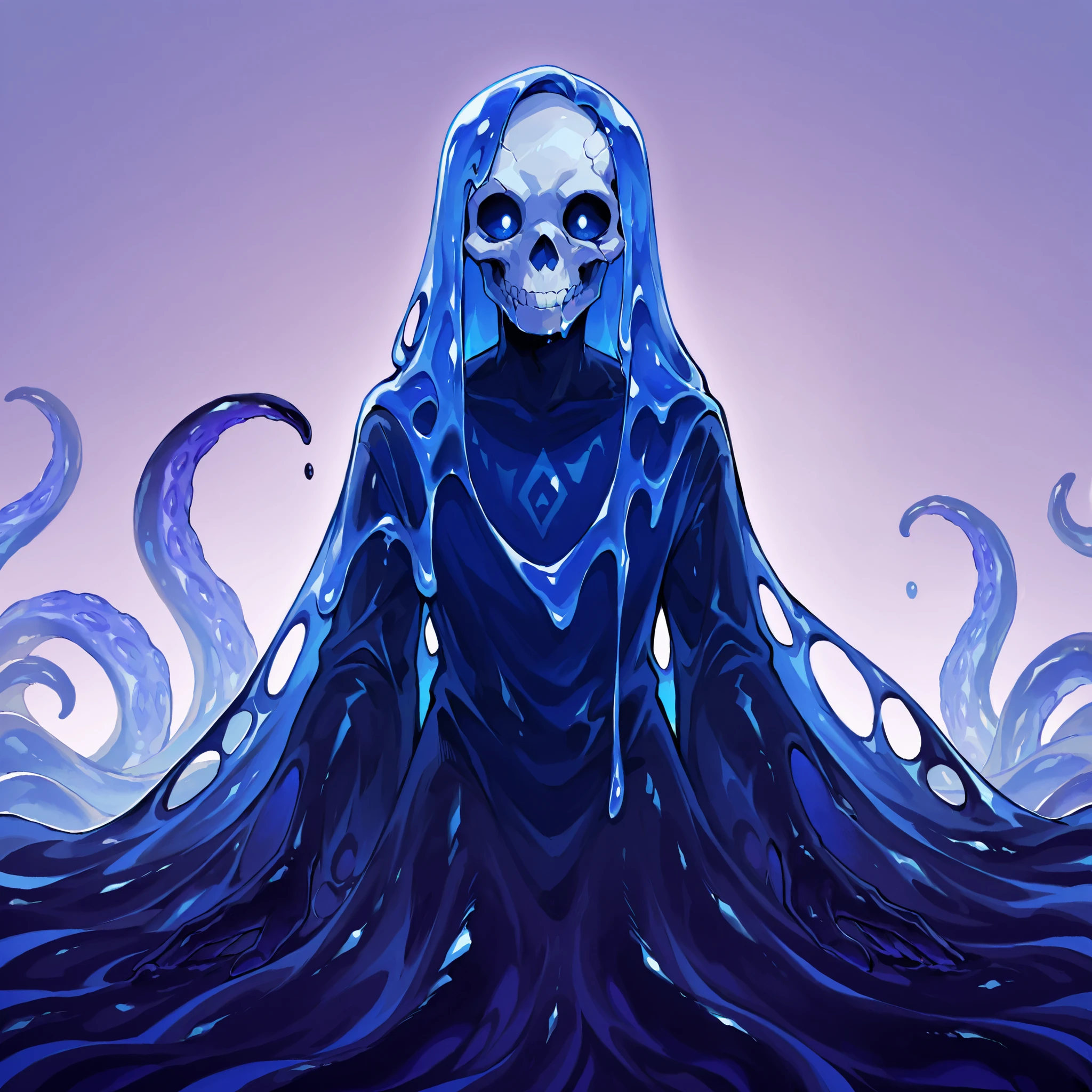 Slime: Imagine a feminine Slime with a gelatinous shape, but more defined, of a brilliant turquoise blue tone that reflects light. Body is fluid and malleable, but maintains a humanoid figure, Androgyny, anthro, skull mask on side of the head, transparent body, with tentacles that emerge from its being, capable of changing shape at will. It has large eyes of an intense violet color, with a wise and calm look, that reflects her maturity and experience. Despite its gelatinous nature, moves with a unique elegance, as if it were floating and gliding through the air.