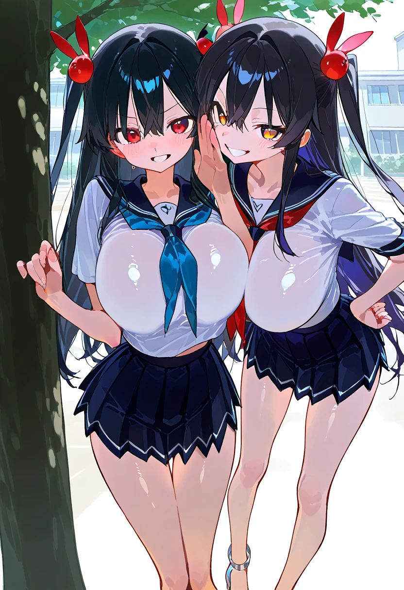 (open mouth:1.2), (long tongue:1.2), (mouth drool:1.2), highest quality,wonderful,finely,extremely detailed CG Unity 8K wallpaper, (tentacles sex), (2 large penis:1.2), (2 Girls, Black Hair, double bun), (gigantic breasts:1.1), (2 penis to nipple:1.2), (grabbing another's breast:1.3), (Sailor swimsuit:1.1), (topless:1.1), (black blindfold:1.7), (from front:1.3)