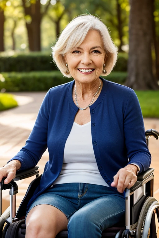 elderly woman with white hair in wheelchair, beautiful smile for photo, perfect smile