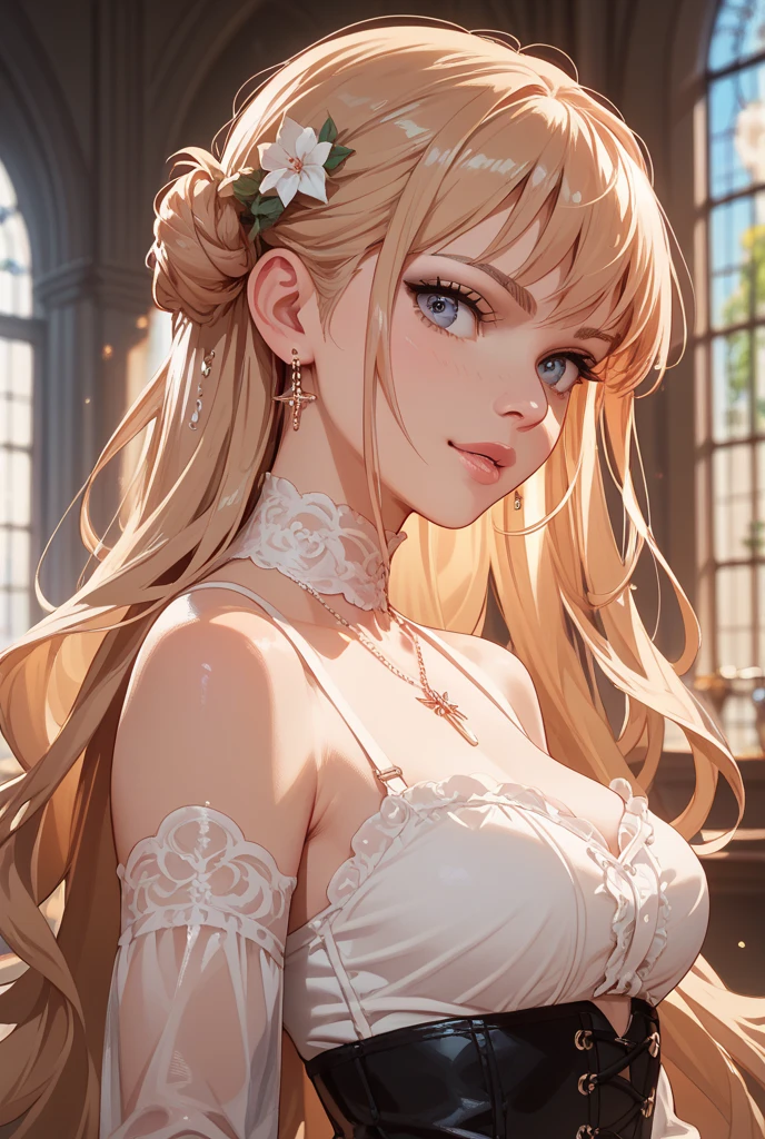 (from below:1.2),(from side:0.9), ((Face)), (Close-Up:0.4), (A masterpiece of image quality in 8K),(Beautiful Allafed Woman),(((emphasizing breasts:1.3))),(Dynamic angles),(Dynamic and sexy bending pose:1.3),(sit a chair:1.3),(Short hair in shiny silver and orange inner colors,large full breasts,Disturbance of clothing due to movement,breast slip,(Ponytail twisted buns adorned with elaborate braids and beads,Braided Setup Fishbone Hair:1.2),(see-through bangs),small breasts,(((A brown lace apron that shows your bare skin from under your small breasts.......)))、Blush with embarrassment、Enraptured eyes、 open mouth,A smile that beguiles the viewer、(Look back:1.7)、Look into the photographer,skin glistening with sweat,gazing at viewer,,(Professional Lighting),(masutepiece,top-quality,Ultra-high resolution output image,),(Ultra HD with complex detail image modes),depth of fields,Beautiful hands,Beautiful fingers,Detailed finger features,(Detailed hair features:1.7),detailed facial features,detailed clothes features,