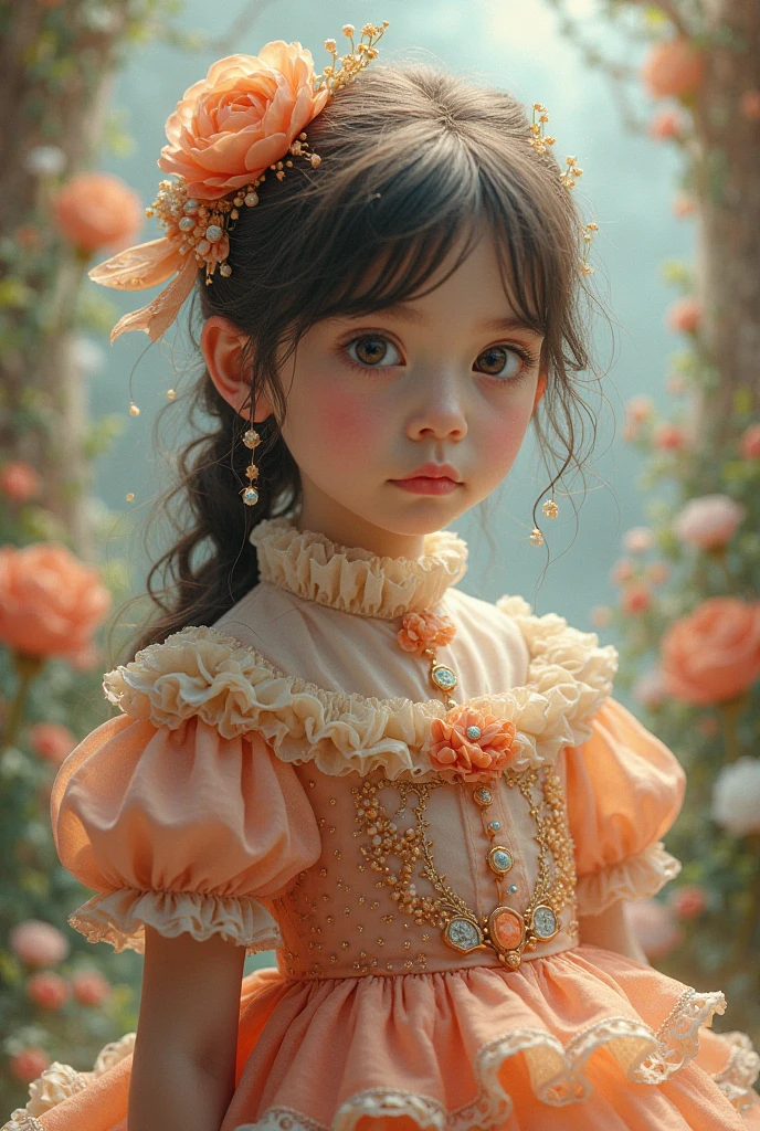A female child with light brown, almost honey-colored hair and brown eyes, dressed in a medieval era dress. 