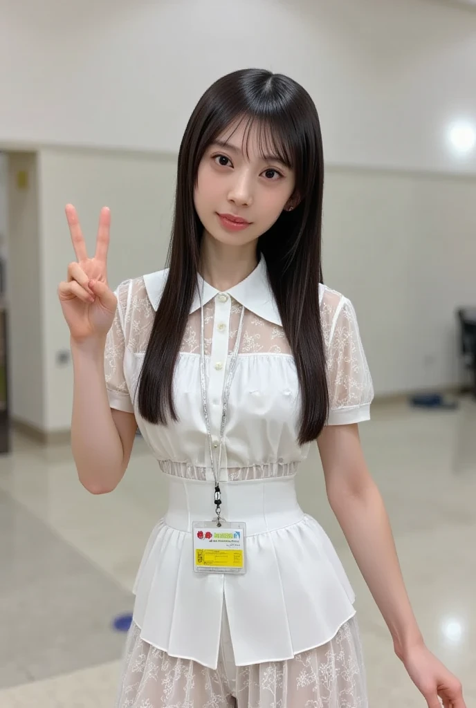 cute hyper anime girl front view cute smile hair , eye and cute simple dress and she should hold book with pen near her chest studio background