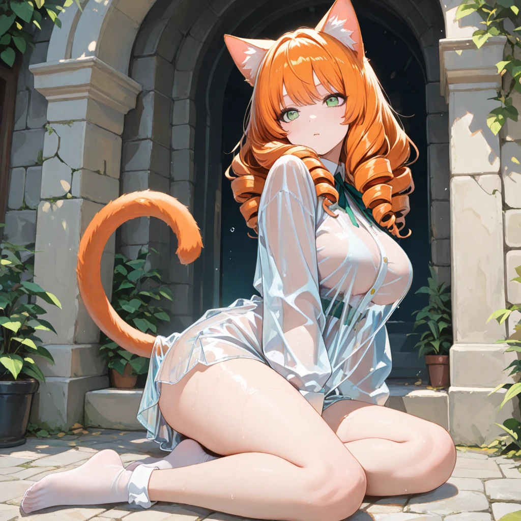 masterpiece, best quality, roxanne, dog ears, fluffy dog ears, collar, sundress, looking at viewer, garden, autumn, sunset, large breasts, ass, smile edgYSD, woman wearing a sundress, very voluminous very fluffy very long dog tail, dog tail starts immediately above butt, dog tail starts from skin, entire dog tail visible, short hair, bloomers, flushed skin, blushing face, red cheeks, lewd smile, slightly open mouth, gravure, pinup, very long legs, no ears, open-back dress