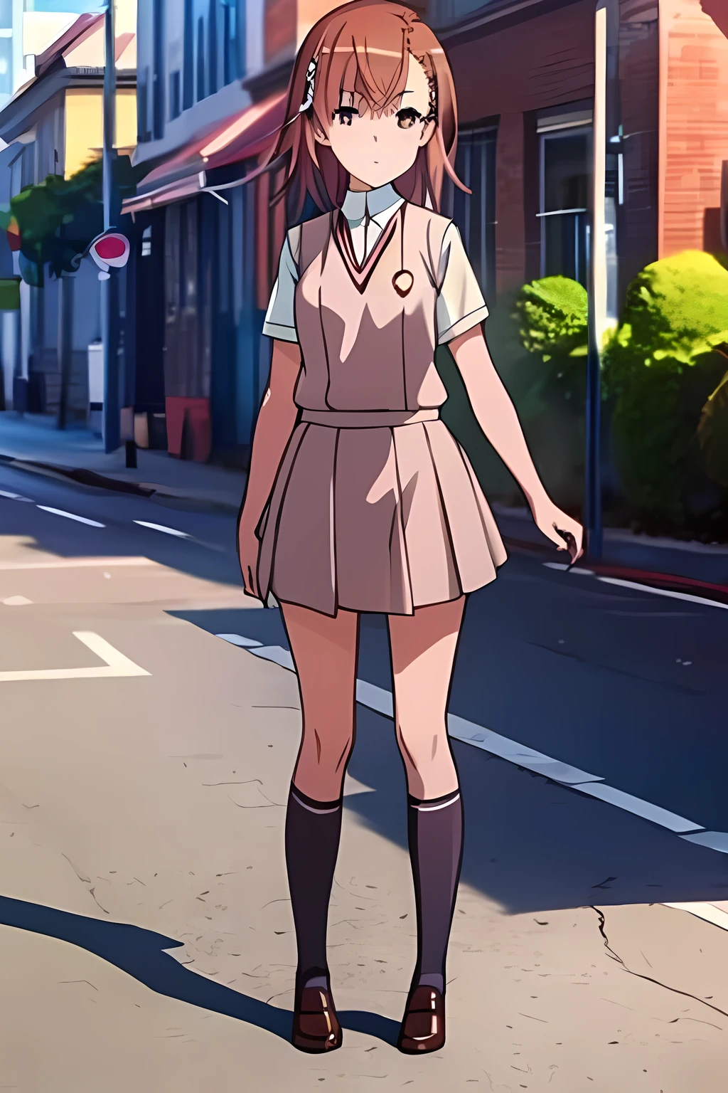 ((masterpiece))), ((best quality)), (ultra-detailed), ((an extremely delicate and beautiful)),(unity 8k wallpaper),Misaka Mikoto,school uniform,street,full body