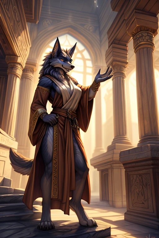 (((Barefoot furry character, full body, cinematic setting, furry male, plantigrade))), (((wearing silver anklets)))

(((Hades))) - (((God of the Underworld))) depicted as a mysterious (((wolf))) anthro with charcoal-gray fur and glowing amber eyes. He wears a dark hooded cloak that billows around him. Hades sits barefoot amidst eerie mist and shadows, with spectral forms and ghostly apparitions in the background. Symbols of the underworld like skeletal remains and obsidian pillars surround him. Cerberus, the three-headed dog, is at his side.

BREAK, detailed background, 8K, (masterpiece:1.5), intricate details, highly detailed, extreme detail, octane render, fine art, best quality, highres, (detailed face:1.5), ((full_body)), UHD, (((perfect hands))), (((perfect feet))), low light