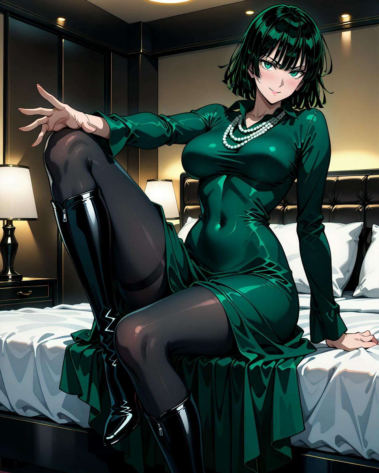 tmasterpiece,best qualtiy,ultra - detailed,illustratio,epic lighting,cinematic compositions,isometry,1girll,ssmile,Redlip,独奏,adolable,green eyes,green color hair,By bang,captivating posture,inside in room,peeking out upper body,Be red in the face,irritated expresion,Shut your mouth,(8K:1.1), small boobs, black dress with sleeves, short hair, legging,((perfect curve hip))