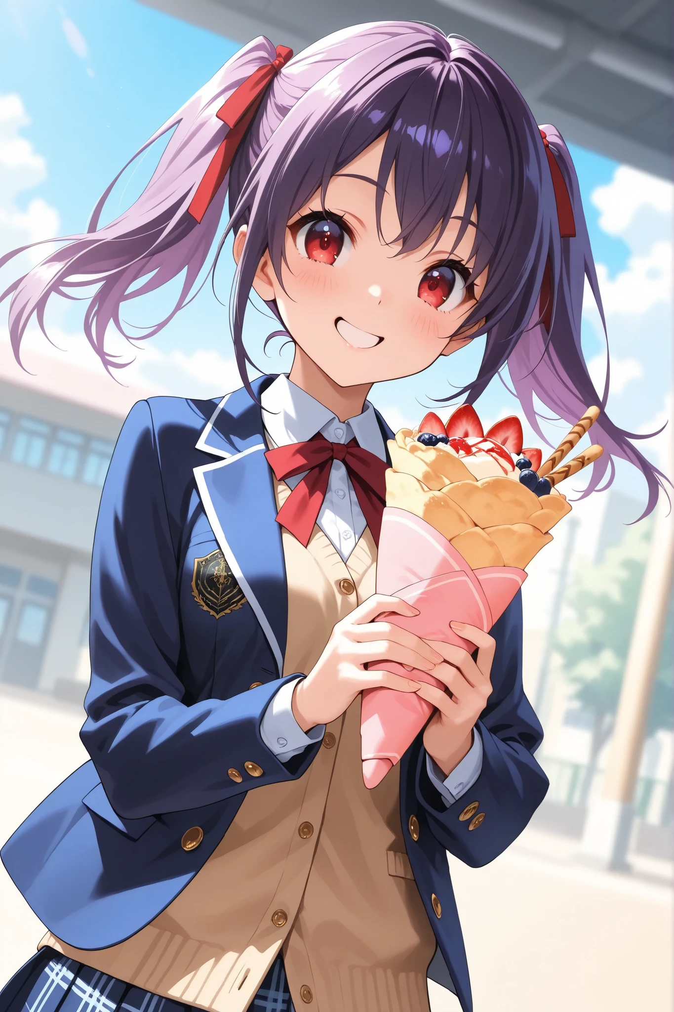 ultra-detailed,8K,illustration,CG,1 cute girl, purple hair,red eyes , twin tails,red ribbon,
,school uniform, jacket/blazer,crepe,happy smile