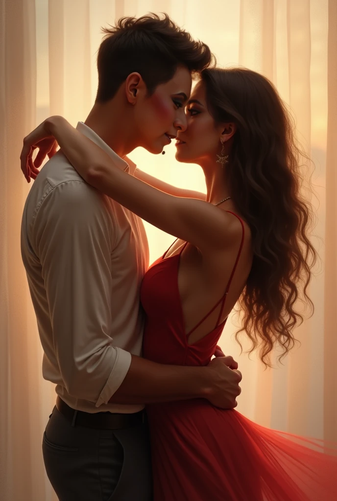 Generate me a couple in love with two mobsters, The woman is very beautiful, 25 years old, and the man is 19 years old in the background, says the Sicilian Mafia