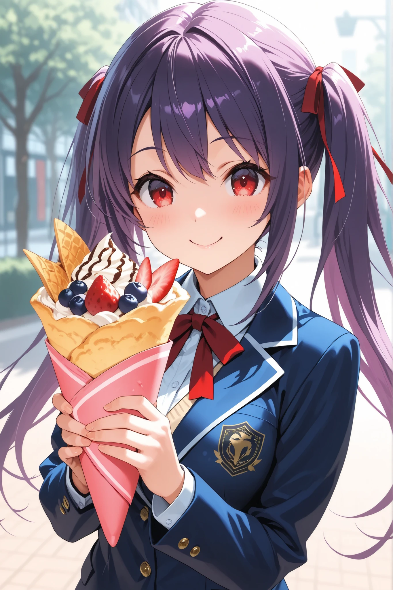 ultra-detailed,8K,illustration,CG,1 cute girl, purple hair,red eyes , twin tails,red ribbon,
,school uniform, jacket/blazer,crepe,happy smile