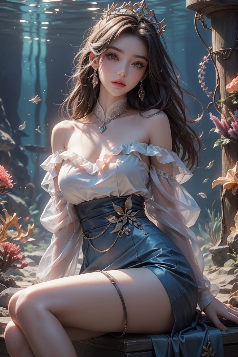 ((The highest image quality, 8k, tmasterpiece:1.3)), 1girll, casual hairstyle, (off shoulder blouse,Short pleated skirt:1.3),(See-through clothing:1.4),Ultra-fine face, A detailed eye, double eyelid,sit on sofa, (big breasts),Woman in her 30s,(Colorful watercolor background),(Fractal Patterns),(colorful refraction),(((spread legswide))),((Raise your legs))
