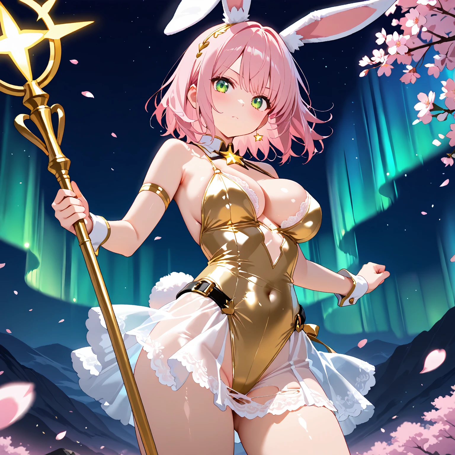 ((Brown skin))((Highest quality)), ((masterpiece)), Super Breasts,Thick legs,Big ass,Big areola,Floating nipples,puffy nipples,Long breasts .Magical girl.Pink Hair、.Dark skin.Magic Wand. semen on figure. Long Breasts . High leg. magical girl.