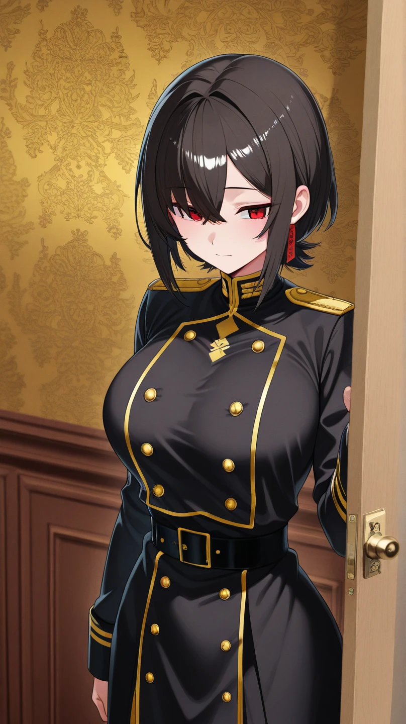 ((Masterpiece, top quality, super definition, ultra definition)), Solo, (Full body), ((27-year-old goth woman in German official black leather uniform)), ((wearing a black army leather hat)), ((Clear expression of body unevenness)), looking at the camera, (with her back to the wall), female body, breasts on display (covered nipple), ((nipple lozenges): 1.2), ((large breasts)), red eyes, ((black hair bob)), horizontal seat, (strong makeup), constricted pupils, black pupils, (detailed hands), ((tall woman)), ((sadistic smile)), sharp focus, dynamic angle, deep shadows, simple background