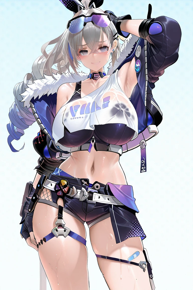A beautiful woman, short purple hair, long bangs covering her left eye, a headband on her forehead, an exquisite and charming face, a mysterious gaze, a faint smile, draped over her shoulders is a thick fur scarf connected to sleeves made of the same fur, a fantasy-style bikini outfit, showcases her delicate and alluring figure, a fur belt around her waist, the background features a cracked giant stone in the wilderness emitting an eerie glow, this character embodies a finely crafted fantasy-style female villain in anime style, exquisite and mature manga art style, perfect body, perfect nose, goddess, femminine, high definition, best quality, highres, ultra-detailed, ultra-fine painting, extremely delicate, professional, anatomically correct, symmetrical face, extremely detailed eyes and face, high quality eyes, creativity, RAW photo, UHD, 8k, Natural light, cinematic lighting, masterpiece-anatomy-perfect, masterpiece:1.5