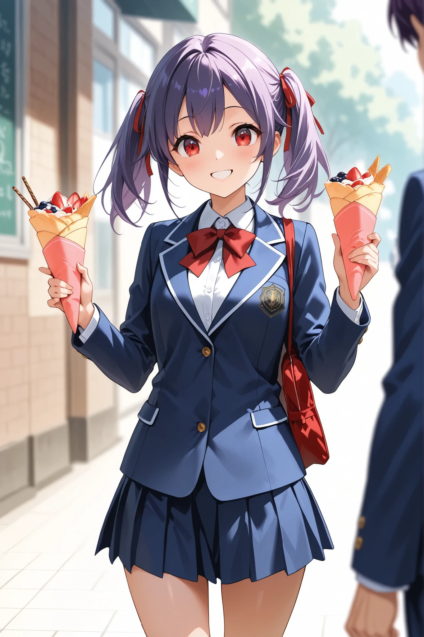 ultra-detailed,8K,illustration,CG,1 cute girl, purple hair,red eyes , twin tails,red ribbon,
,school uniform, jacket/blazer,crepe,happy smile