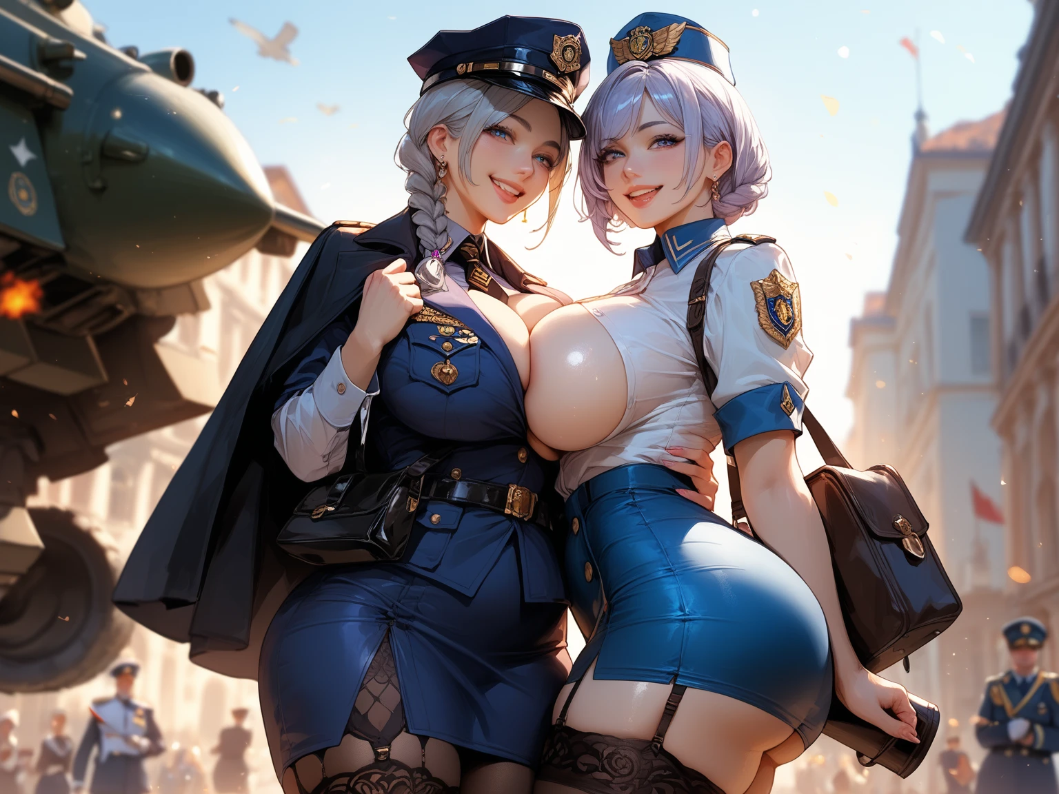 (8K ,Ultra-detailed,Super real photos,Best masterpiece,Nature,perfect work of art,perfect female body),two women,Sister and sister, sisters,rainbow hair,perfect face,(huge tits),neighbor wife,woman hairstyle,elegant wife,At the police station,Exquisite and ,wearing police officer uniform,police uniform,super short thong,穿着低胸露肩police uniform,T-shaped small,huge big,naked leg,full body shot,elastic muscles,raised raised raised,Obscenity exposed