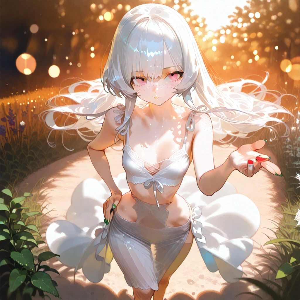 Best Quality, top-quality、(cute petit girl:1.3),Beautiful pink eyes、flat chest、Lori、(Cuteness beyond limits)、Shining thighs、((Cute smile))、tied up with a collar、Cute white panties、Cute white bra、Show your butt、Open the crotch