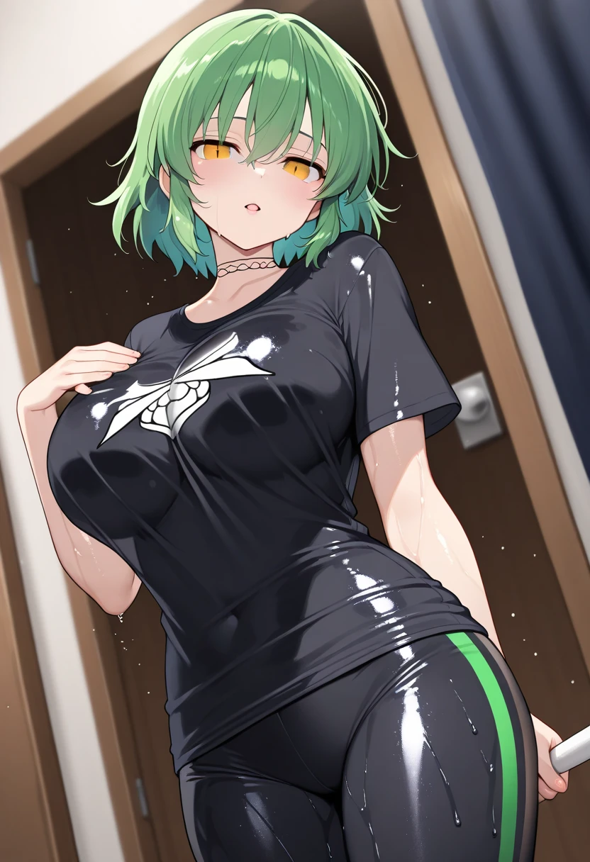 1girl, green hair, very short hair, pixie cut, yellow eyes, smug, smirk, large breasts, wide hips, thick thighs, one-piece swimsuit, competition swimsuit, black swimsuit, green line, green trim, neon, neon trim, science-fiction, futuristic