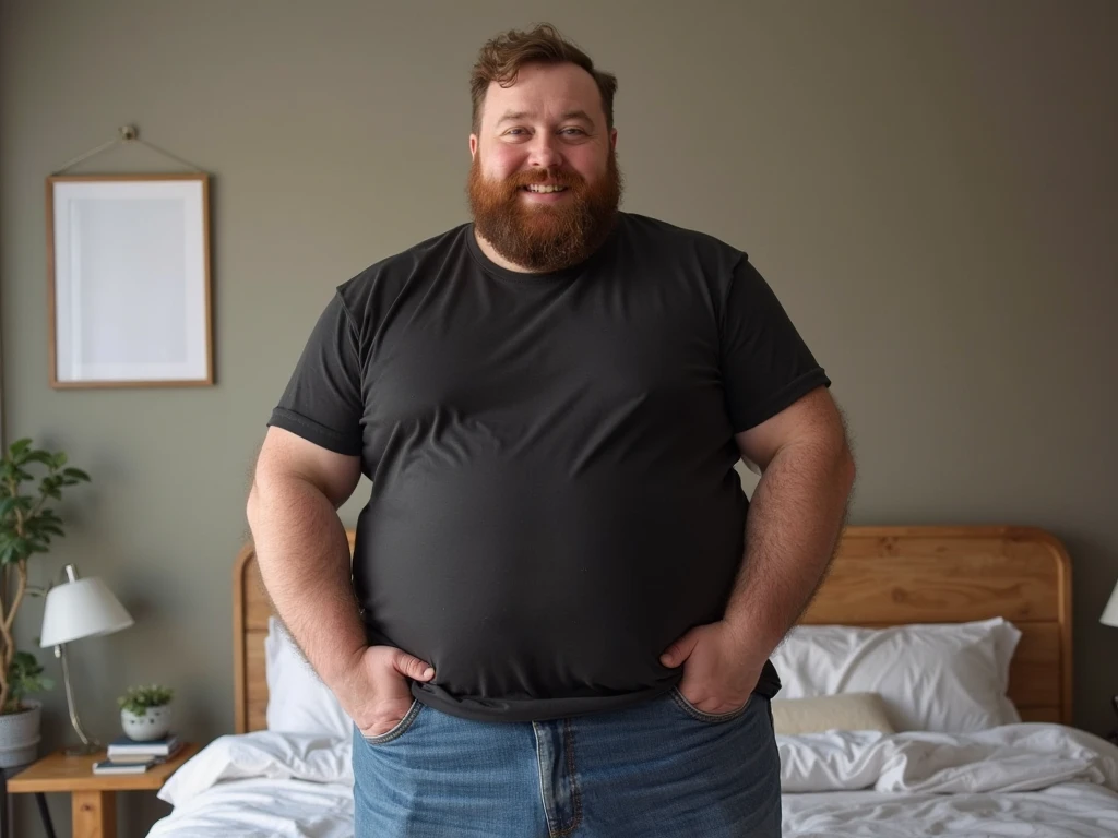 Chubby young man with big pregnant belly. Big belly, pregnant man, Chubby, ginger hair, freckles.