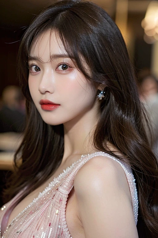 a beautiful girl in a red fluffy off-the-shoulder dress, long flowing hair, snowflake earrings, falling snow, blurred city street background, (best quality, 8k, masterpiece, extremely detailed, 1.5:beautiful girl), (realistic, photorealistic:1.37), detailed eyes, nose, lips, long eyelashes, vibrant colors, cinematic lighting