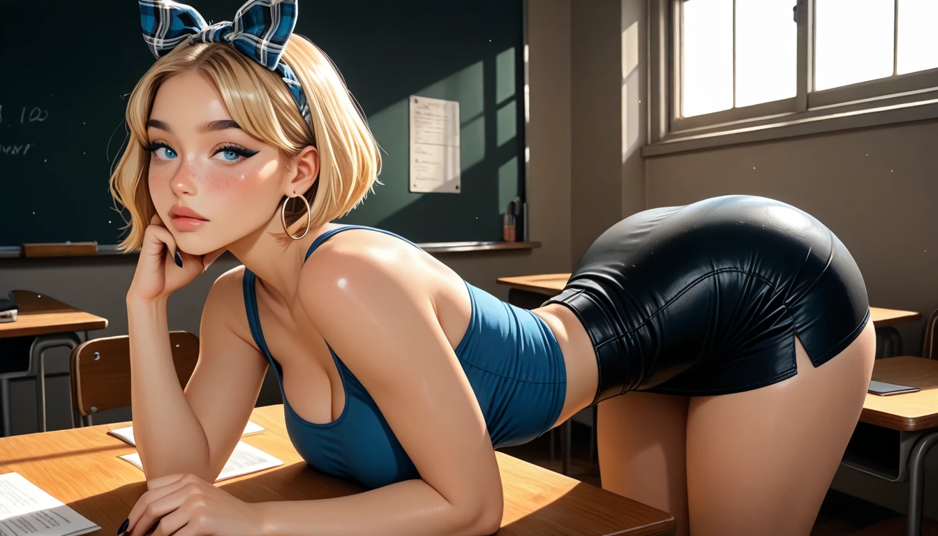 (Best Quality, Masterpiece),sexy, erotic, 1girl, 18 years old, Contempt, pride, short hair, ((blue eyes)), looking at viewer, looking at viewer, warm light, ((( panties))), ((standing)), (small breasts), ((skirtlift)), big butt, ((smirk)), ((blue skirt)), (dark gray sweater), ((tights)), white shirt collar, (((thick thighs)))
