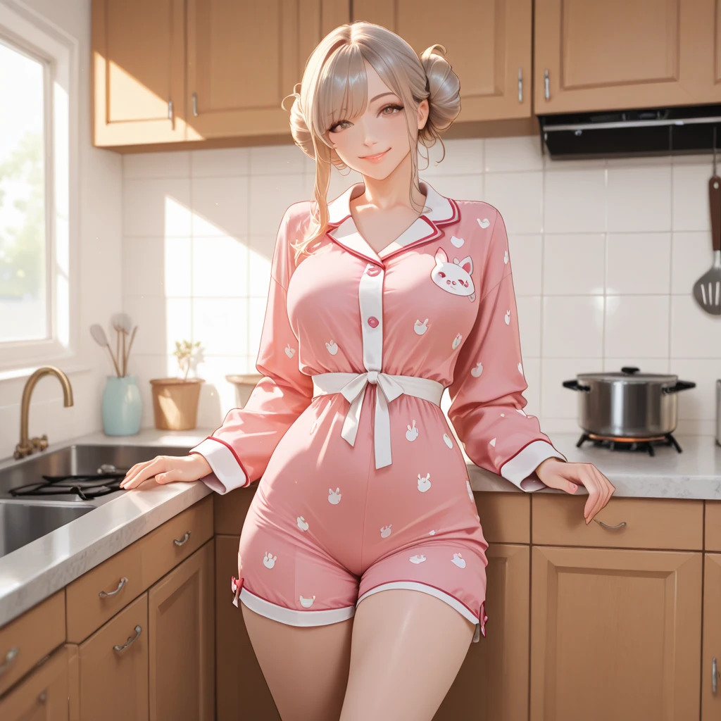 Photo, (((2heads:1, conjoined_dicephalus:1.5, two heads:1.5))), **Render**: full body, girl, (((((one person))))), feminine face, no facial hair, no body hair, cute face, detailed skin, detailed eye, Rendering in highly detailed 4K resolution, two-headed, ~25 years old, ((Silver/White Cat Ears)), (Chinese woman), (standing in the middle of a kitchen), dressed in a halfway buttoned up (((mens white shirt))), (red eyeshadow/lipstick/nails), ((silver straight hair)), (puckering her lips), (extending her arms towards the camera as if offering a warm welcome)