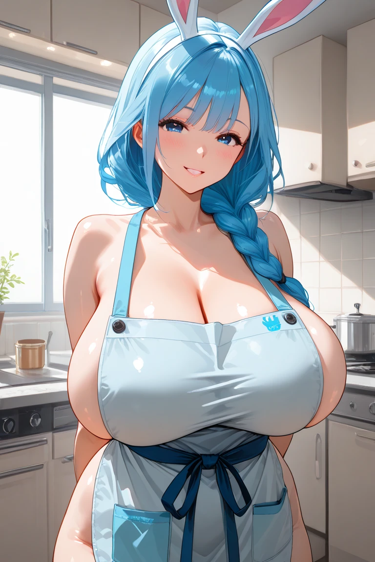 Wearing a small super see through apron stands in front of a table, side boob from the apron , apron, solo focus, blue eyes, naked apron, nude, looking at viewer, indoors, long hair, massive breasts with their huge thickness, juicy appearance, gigantic cleavage, covered nipples, blue hair, extremely gigantic thick thighs which lead down to her ultra-gigantic hips adorned by beautiful curvy lines, thick waist before culminating in ultra-gigantic breasts that demand attention wherever she goes, sexy thick thighs all the way up through her extremely massive curvy ass cheeks, hot and full wet body