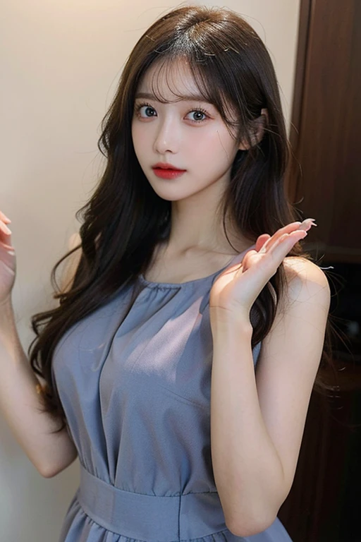 table top, highest quality, shape, Super detailed, finely, High resolution, 8k wallpaper, perfect dynamic composition shape, beautiful and detailed eyes,  natural lip, (big breasts:1.4), random sexy pose,Raw photo,cute,smile、Tight knit dress that makes your chest look beautiful～Chest coordination～、off shoulder