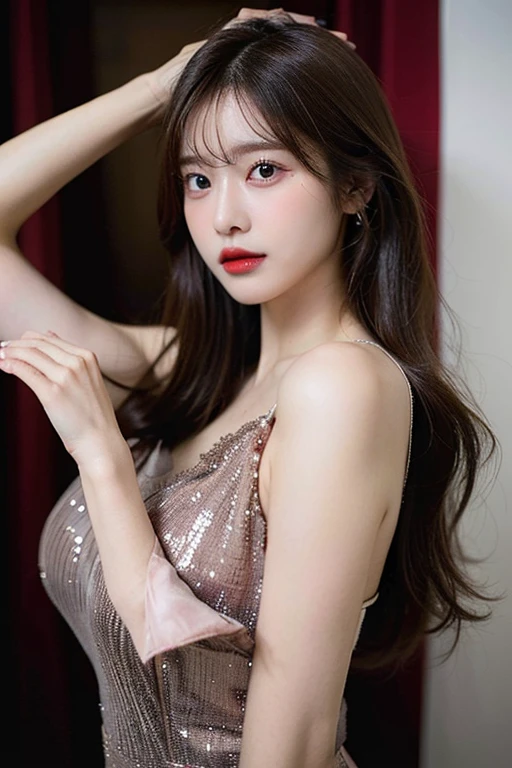 1 girl,21 years old, standing beside window,Bright backLight, alone, {Beautiful eyes details 1.3)(round eyes:1.8) , Highly detailed facial and skin textures, Natural and soft Light, dark brown hair,natural drape, Exquisite facial features, blunt bangs, beautiful korean girl, Eyes full of love, smile very happily (She is wearing an exquisite high-end silk suspender dress:1.3)、small waist、E杯、Deep V cut,film grain,sexy pose,Half body photo,masterpiece, best quality, Light, super detailed,, ultra high resolution, 8k wallpaper, Perfect dynamic composition, Exquisite facial features,It's a perfect face,Facing the peak of sexual arousal, looking at the audience,hair natural,Fragrant shoulders,clavicle,Ultimate Light and shadow,Wear delicate earrings,have,(Skin texture is extremely delicate1.3), (perfect details: 1.1),Looks a lot like actor Li Qin,Place your hands behind your body、