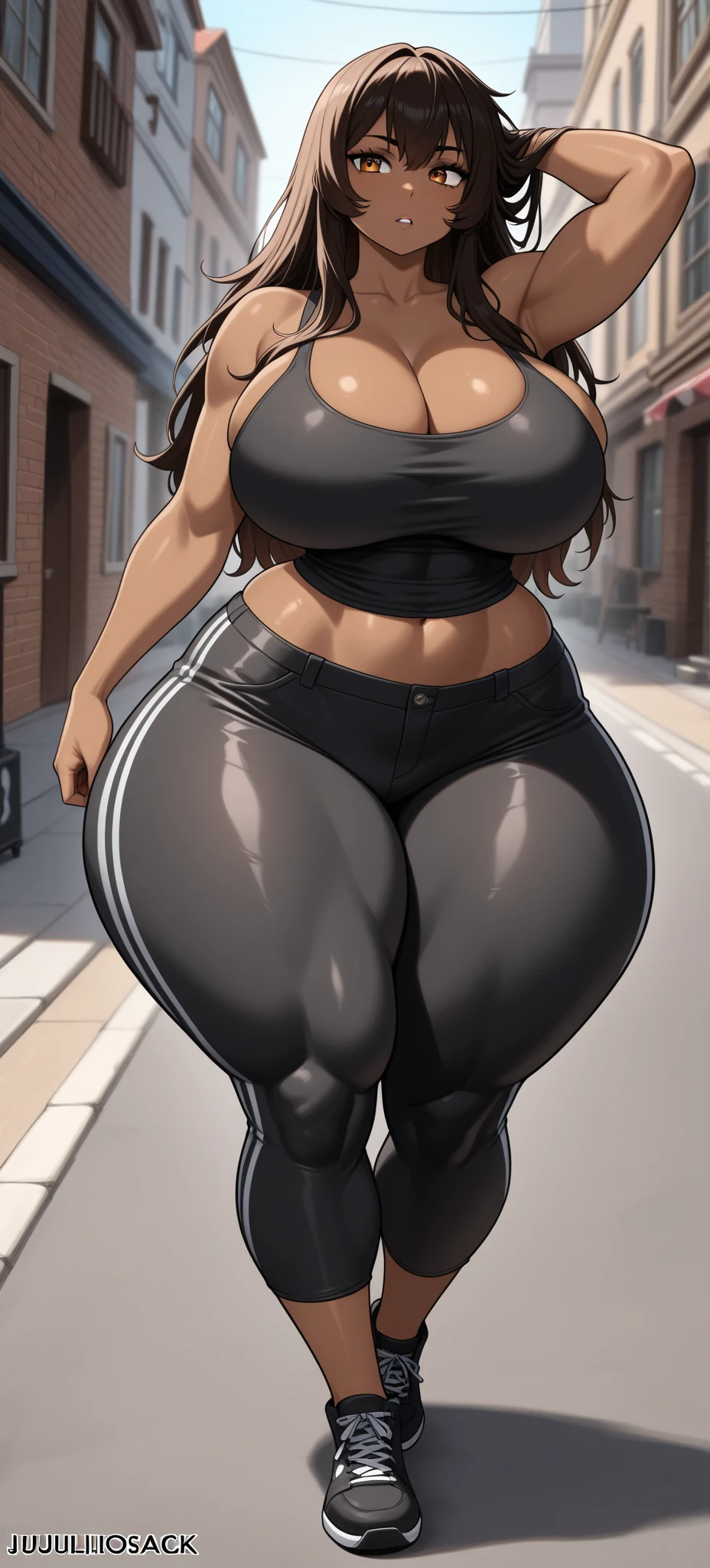 Lara Croft, 1 girl, (((bimbo))), perfect face, perfect eyes, looking at viewer, single long braid, brown hair, puffy lips, thick lips, wide hips, thick thighs, craving lust face, huge natural breasts, cleavage, mature mom, perfect face, perfect eyes, outdoors, yoga pants, sports bra, fakebreasts, tanned skin, navel