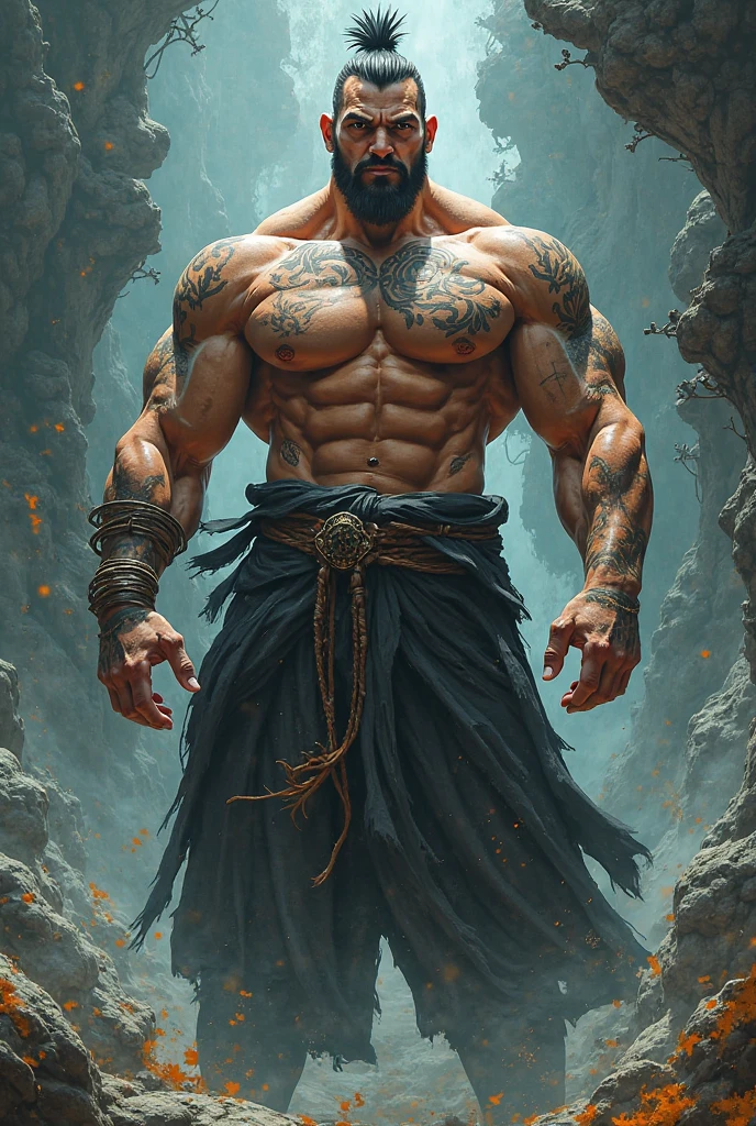 man, 25 years, muscular, with a claw scar on the left side of his face, brown left eye, blue right eye, heterocromia, trapezoidal head, Aquiline nose, cleft chin,with short beard, short hair castaño con degradación blanco en las puntas, short hair, wide shoulders, thick arms, Thin waist, tanned skin, standing, looking to the camera, robust male figure