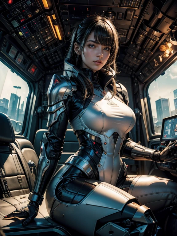 Textured skin, Super Detail, high details, High quality, Best Quality, hight resolution, 1080p, hard disk, Beautiful,(cyborgs),beautiful cyborg woman,Mecha Cyborg Girl,Battle Mode,Girl with a Mecha Body,Able to launch missiles from the chest,You can shoot a machine gun from both hands