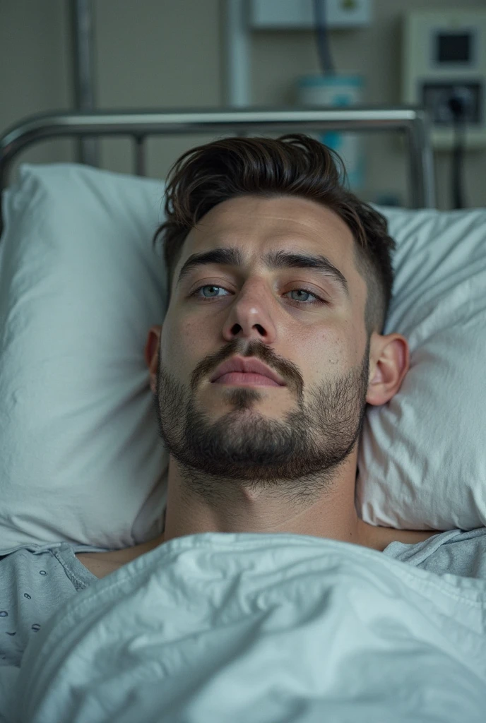 Shirtless 20 year old man lying on operating table. Unconscious. Wearing oxygen mask. Shaved chest. Muscular