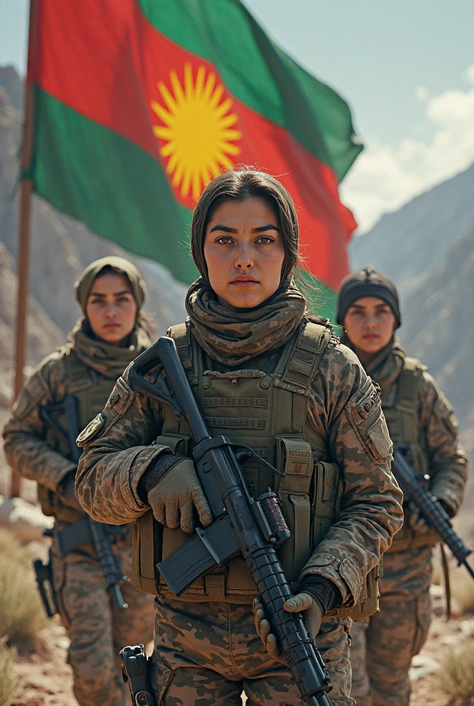 A beautiful woman wearing a hijab and a black shirt with the words 'Aceh Merdeka' written on it..holding a weapon and a Turkish flag 