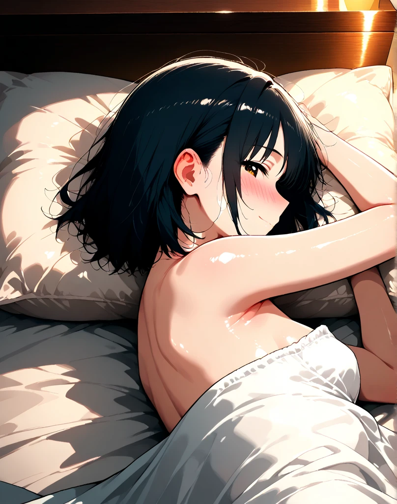 A hot woman with long black hair half naked on a bed
