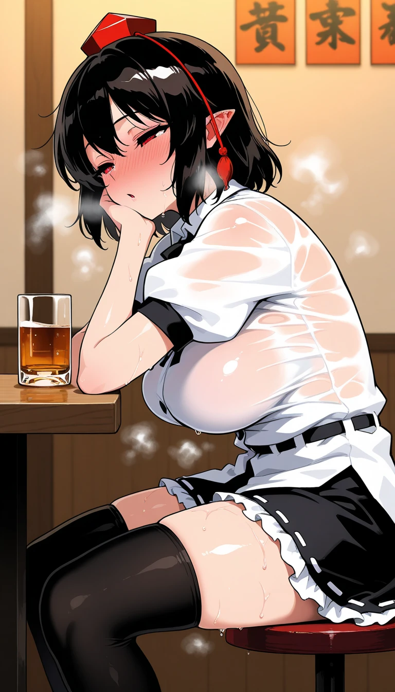 1. Tall woman, izakaya, sitting on wooden chair, relaxed expression, shadow on forehead, , very red face, sweat, rolling eyes, beer in a large mug White collared short sleeve shirt Open chest, black skirt, short black hair, ponytail:1.9 Straight hair, bangs swept to the side:1.9. Slanted eyes, brown eyes, tall, strong-willed, beautiful Big b