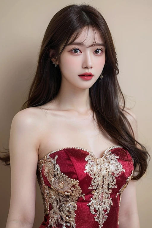 (Hyper-realistic 8K CG: 1.2), Perfect work of art, Beautiful Pattern, Intricate details, (An unparalleled masterpiece, best quality: 1.2), 1 girl，20 years old，(Extremely complex: 1.2),Woman in red wedding dress, Walk on stage，((Big tits:1.2 )), chiffon，Tight Fit，Lace，(Low-cut，Deep V), (girl站在婚礼舞台上: 1.3）,, Smile, happy, 黑色的hair, Looking forward, , Thin clothes, ((Strapless red wedding dress:1.4)),(Large Breasts),D cup ，earrings, hair_decorate,Jewelry, girl，Thin silk，