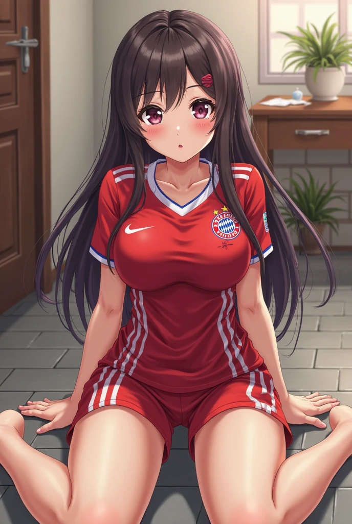 1 Lady Solo, /(Volleyball uniform/), /(dark brown hair/) Bangs, A light smile with a blush, (masterpiece best quality:1.2) Ultra-detailed delicate illustrations, Big breasts Break /(Indoor volleyball court/)、no panties,no bra,pussy juice,pussy,vagina,orgasm,Place a finger in the vagina、red blush、Ecstatic look、Beautiful fingertips
