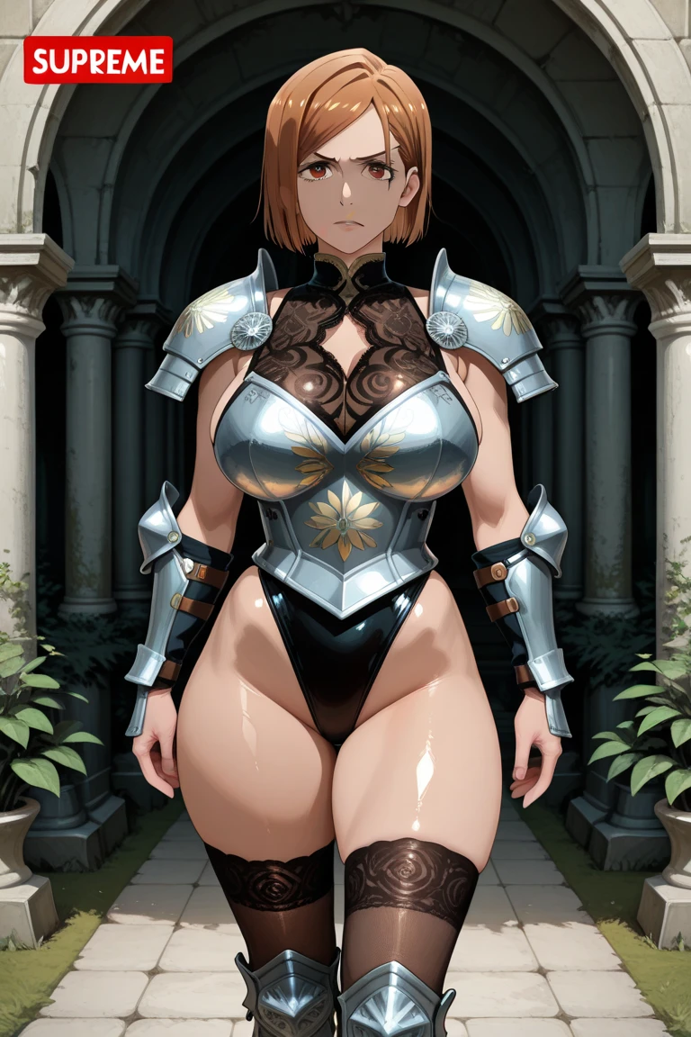 ((((masterpiece, best quality, high resolution)))), Extremely detailed 8K, Beautiful girl with voluptuous body, (Ultra HD, Ultra-detailed, Highly detailed, Highly realistic, Ultra-realistic, photograph realistic), (1girl:1.5), (Realistic white hair), (short wavy hair, hair ornaments, earrings), (dynamic poses), facing at camera, looking at viewer, (blushing red, embarrassed), (purple eyes, sharp eyes), (perky breasts:1.2), (beautiful detailed face, beautiful detailed eyes), ((broken armour, breasts plate, thighs)), (standing up), sweat, glow, (sunbeam, sunlight), ((cowboy shot)), inside dungeon, seductive
