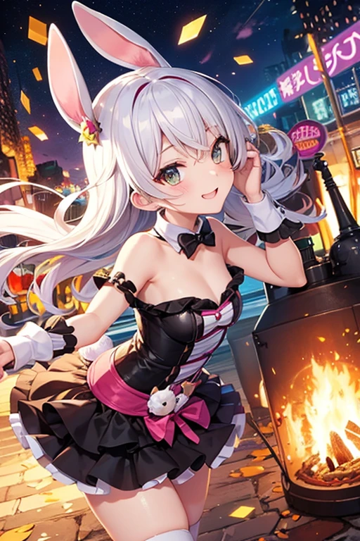 Silver hair, pink eyes, body, cat ears, sexy girl, earrings, fantasy background, hair bows, mitsuri, dress, bells necklace, pet cats, animals, happy face