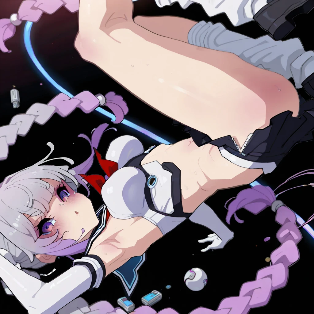 1人, Wet picture - beautiful face, Lilac hair, fullnude, small tits、BDSM, Bondage、Bound, crouching cowgirl, bound thighs, Wide spread legs, Black knee high, Tightening from the top of the skin, woman face,Covered navel, a purple eye, Huftwind, kawaii, Look at the viewer, Night town, neons, Spread legs, Standing feet、crouching cowgirl、dildo、orgasm