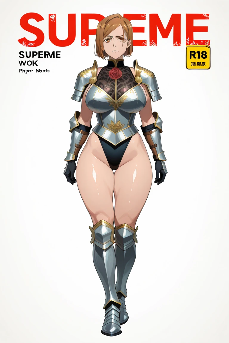 funger, very detailed illustration, mature woman, huge breasts, cleavage, highres, high quality, masterpiece, looking at viewer, (knight), orange hair, absurdres, ultra-detailed, short hair, full body, wide hips, thick thighs, huge ass