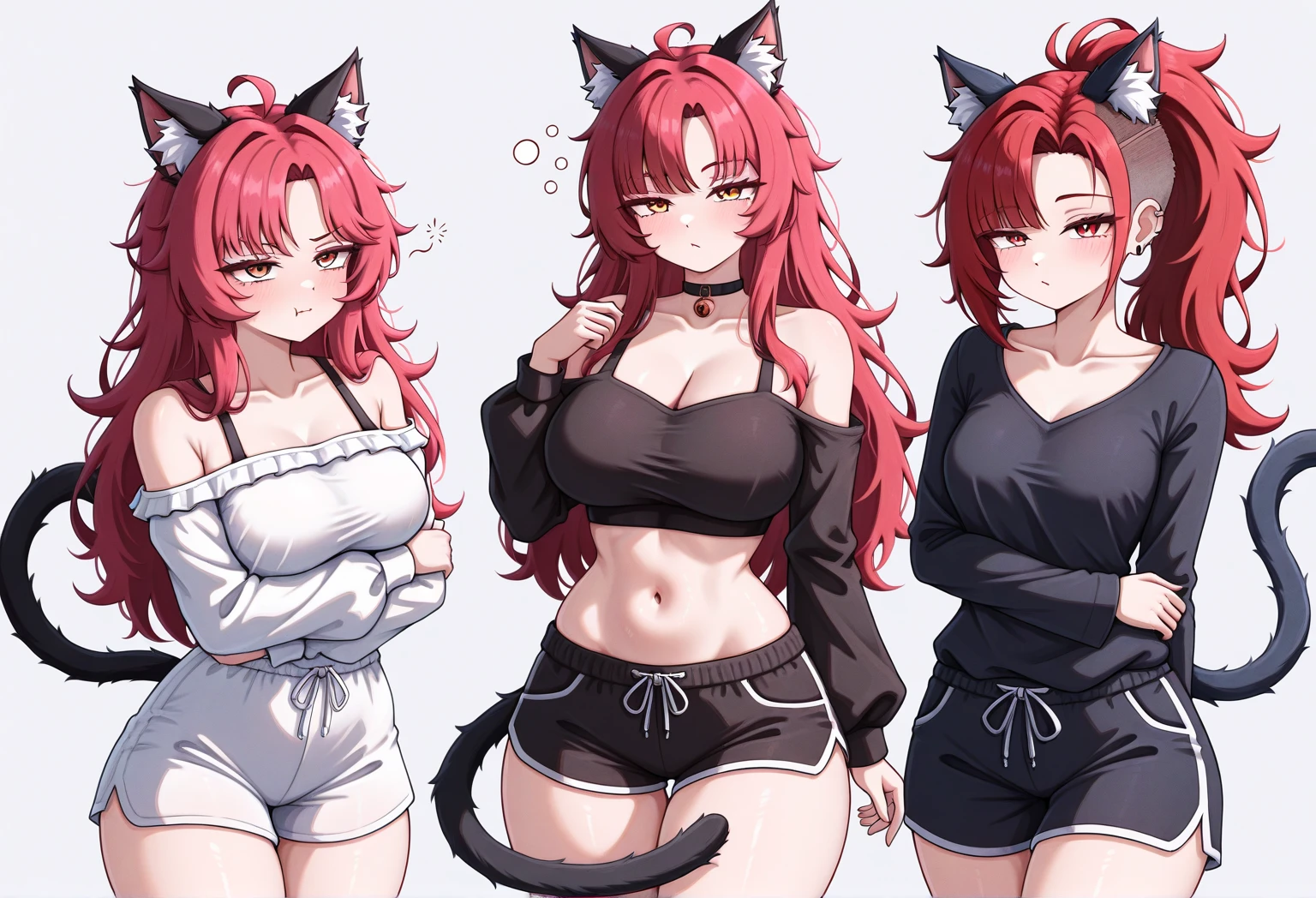 Female, long messy red hair, black cat ears on head, red eyes, blush, large chest, cleavage, red gem, nipples, black shorts, thicc waist, thicc thighs, red boots, red cape, red hood