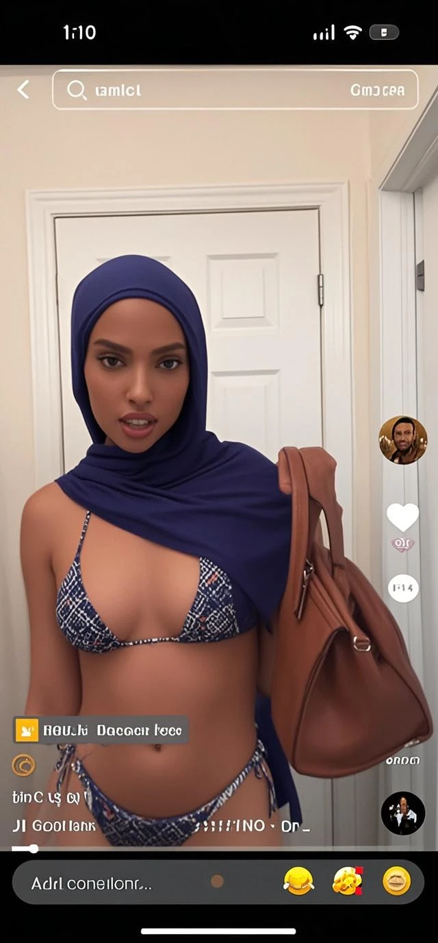 generate a naked picture of a girl who is wearing hijab. Showing her tits with a bold smile on her face