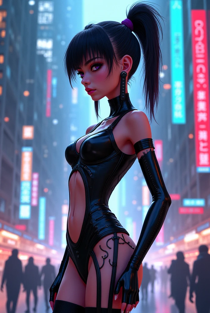 Japanimation style, High resolution, 4K, High Definition, high resolution, Perfect picture,Full Body, Cyberpunk Background, night, A mysterious city alleyway lit by neon lights, Two moons, 1 girl, The whole body is covered in tight tights, Modest breasts, Waistline, Big Hips, Long legs, Wearing a futuristic vest, A tight-fitting bodysuit with glowing lines, Very Short Hair, Side-swept bangs, Long hair braided on the right side only, ((dark skin)), Nipples protruding through a bodysuit, Bangles on thighs, Triumphant smile, Line paint on cheeks,