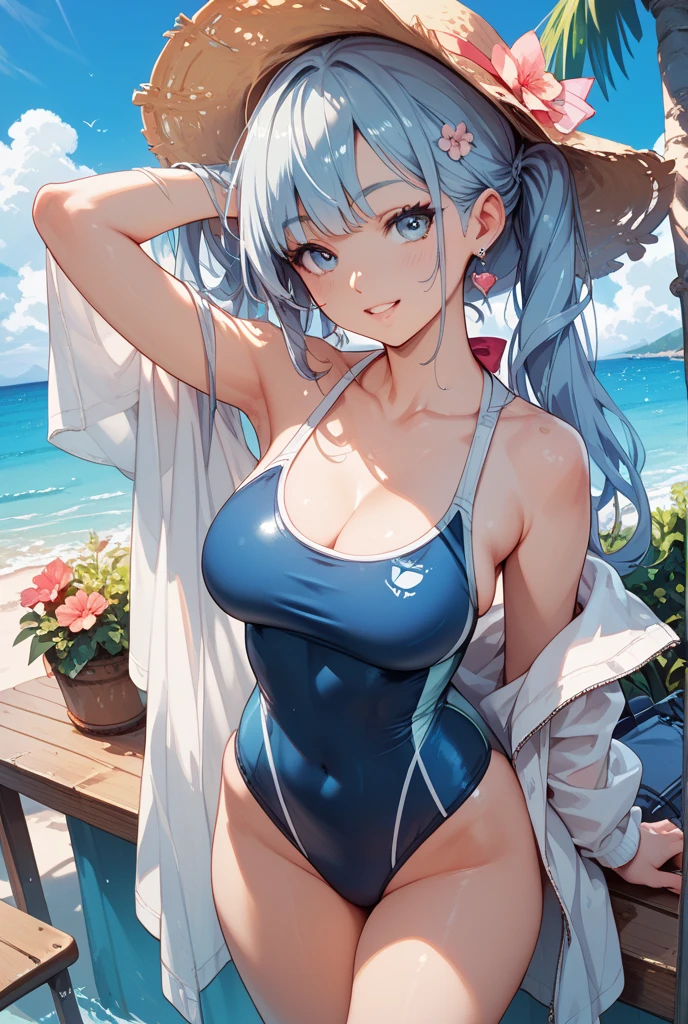 best aesthetic, 1girl, solo, long hair, breasts, looking at viewer, smile, bangs, very large breasts, really huge butt, big butt, cheerleader outfit, cleavage, pink lipstick, kiss marks, outdoors, sky, day, bikini, cloud, tree, water, pedal, blue sky, pink pool float, beach ball, sunglasses, palm tree, beachball, beach umbrella, ocean waves, a beautiful young woman wearing a pink cheerleader outfit and sunglasses, lounging on a pool float in a sparkling blue pool. She is surrounded by tropical flowers and palm trees, and the scene is set against a backdrop of a bright blue sky with fluffy white clouds. The woman's pose is sexy and seductive as she floats in the pool, enjoying the sunshine. The colorful flowers, pool floats all contribute to the fun, summery vibe. The overall atmosphere is cheerful and lighthearted, capturing the essence of a perfect poolside day.