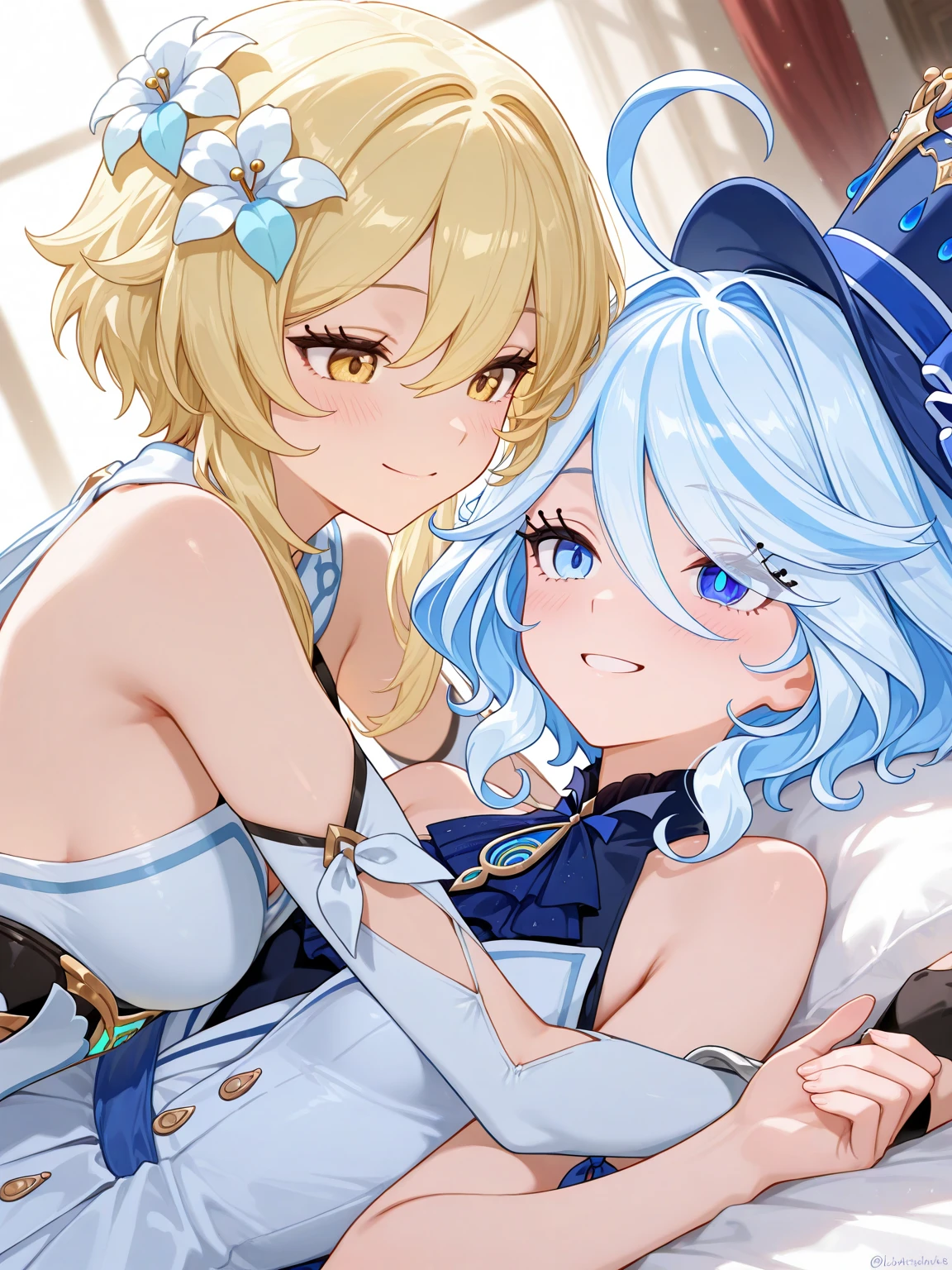 (masterpiece, best quality:1.2), 1 Girl, Solitary, blond, Blue hair band, 左边是Blue hair band, White, Black gloves, knight skirt, Solid color background