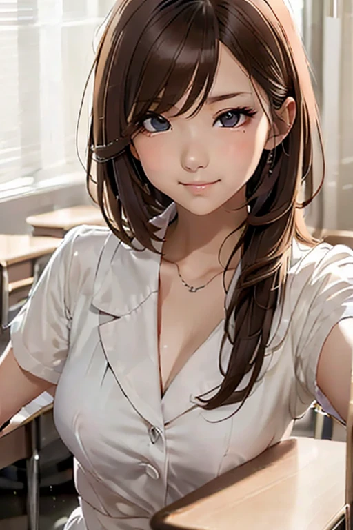 (masterpiece, best quality), 1girl, solo, brown  hair, curly hair, small breasts, pale skin, long eyelashes, sitting, upper body, looking at viewer, elbow rest, parted lips, seductive smile, sexually suggestive, cleavage, mascara, necklace, bangle, earrings, teacher, milf, 26 year old mature woman, slender woman, tshirt, teacher, tight jeans, classroom, white boardhair tied back in loose ponytail, tiny , leaning over desk, eyes half closed,
