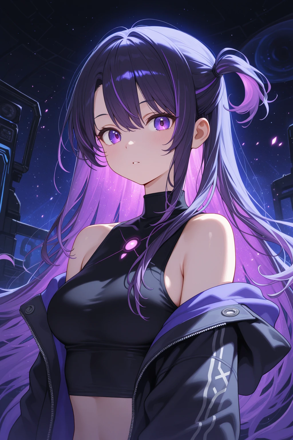 (masterpiece, best quality: 1.2), une fille, in profile, very detailed face, tout le corps, cyberpunk, purple eyes, black har, hairstyle with pigtails, vulgar, sexly, collant noirs, Jupe moulante, beautiful breasts, beau cul rebondi, wide hip, hot, provocative, submitted, aesthetic