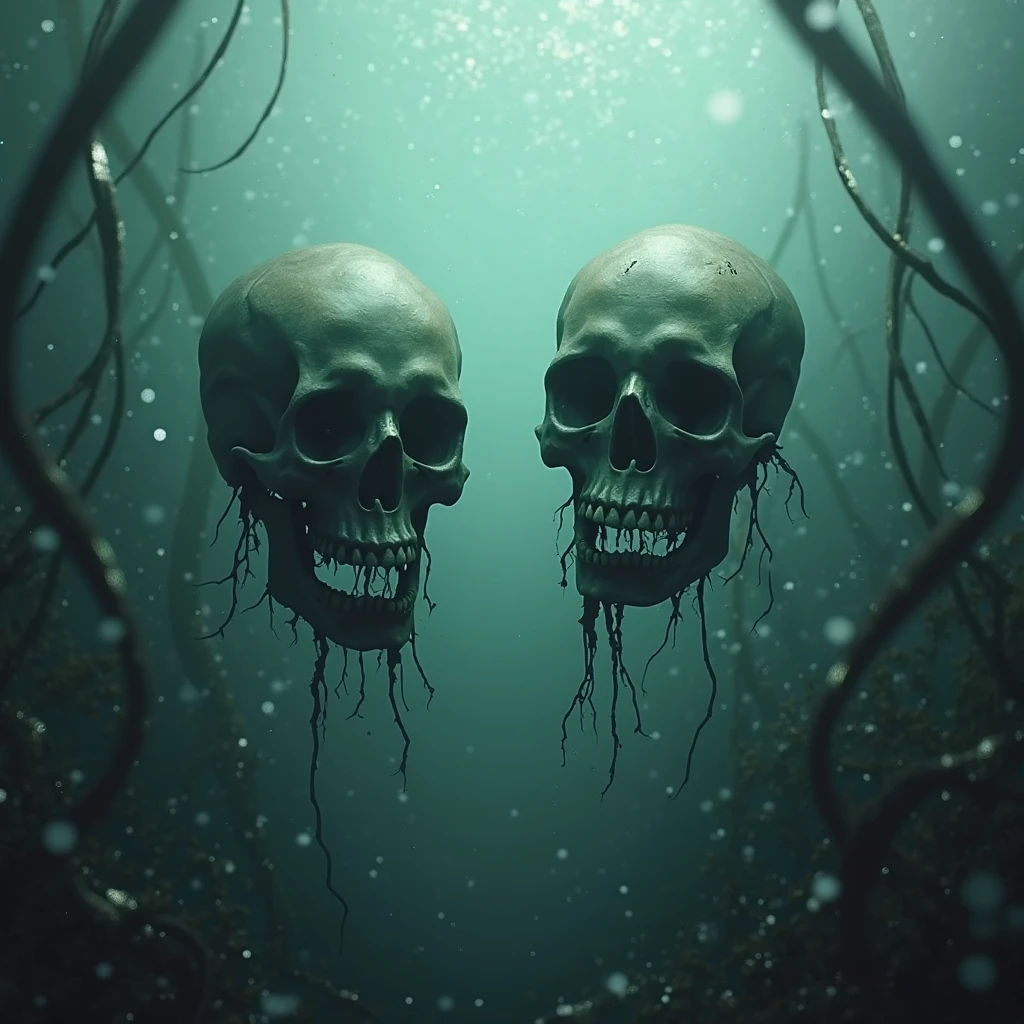 A lake full of human skulls at the bottom of the lake